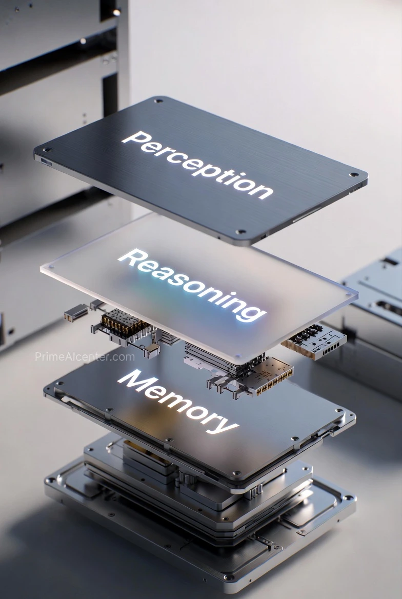 Technical diagram of AI Agent architecture showing Perception, Reasoning, and Memory layers