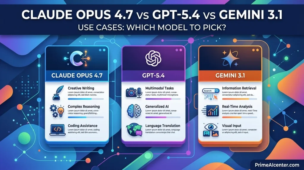 Claude Opus 4.7 vs GPT-5.4 vs Gemini 3.1 use cases 